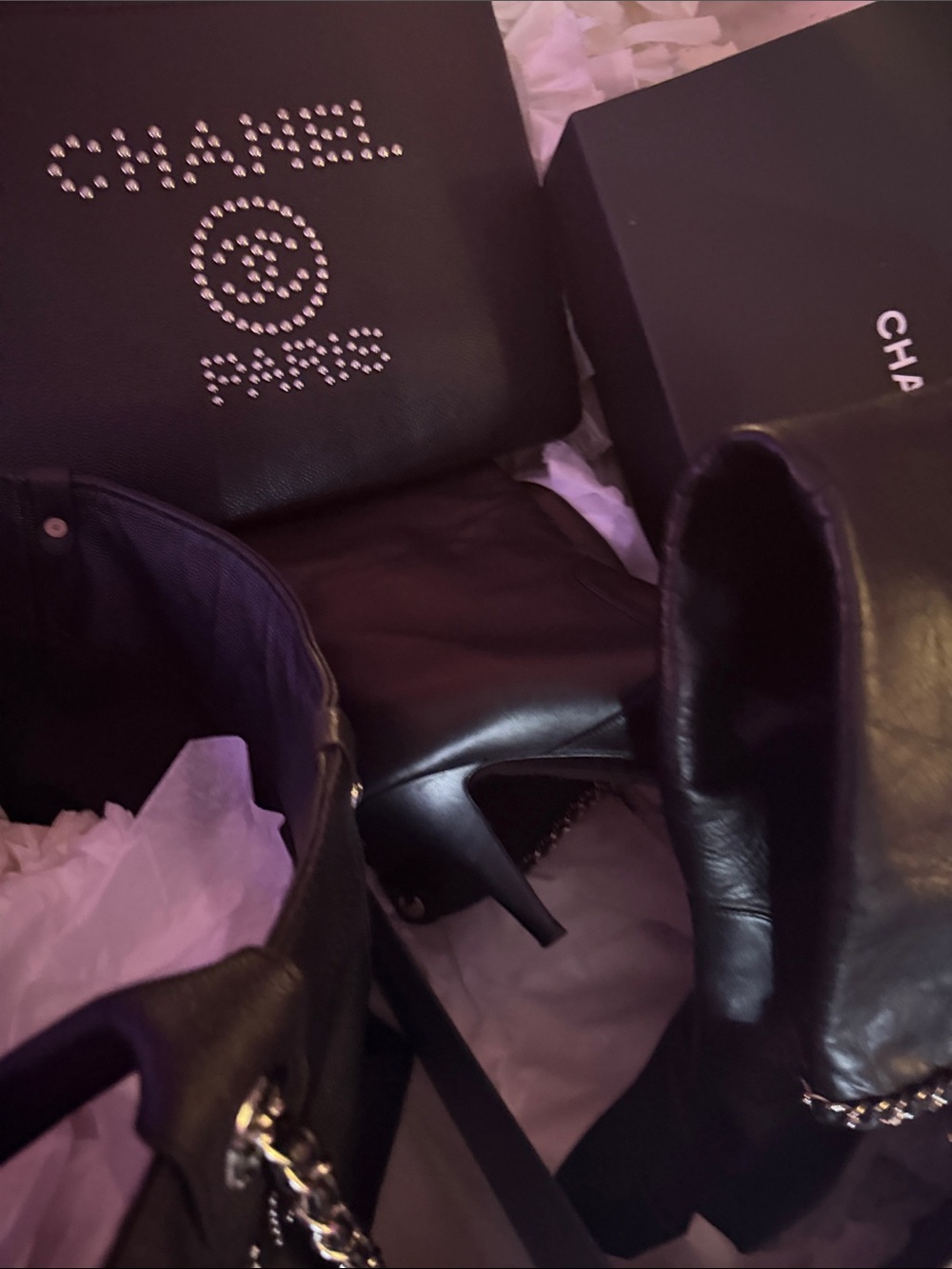 The whole black and silver set authentic Chanel boots, shopping tote, and clutch - Picture 5 of 7